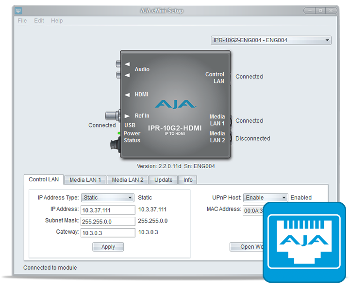 AJA IPR-10G2-HDMI Single Channel SMPTE ST 2110 Video and Audio IP Decoder to HDMI 1.4b (HD) with Hitless Switching