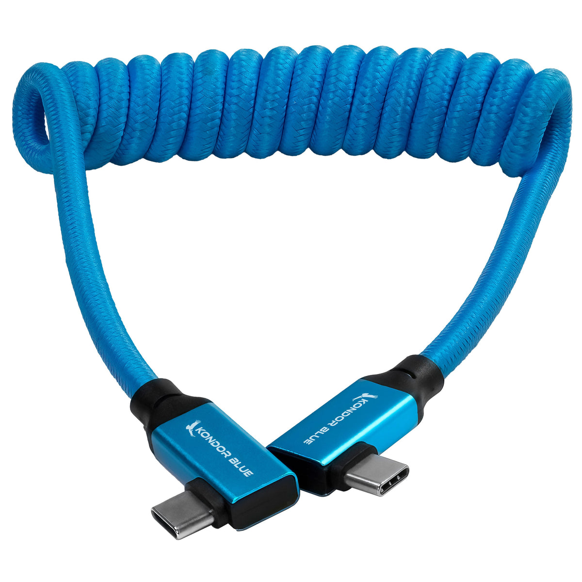 Kondor Blue USB C 3.1 Right Angle Braided Cable for 8K Data and Power Delivery (Raven Black)(Coiled)(12"-24")