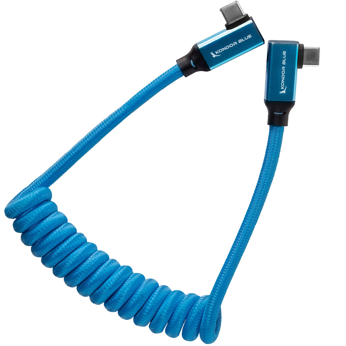 Kondor Blue USB C 3.1 Right Angle Braided Cable for 8K Data and Power Delivery (Raven Black)(Coiled)(12"-24")