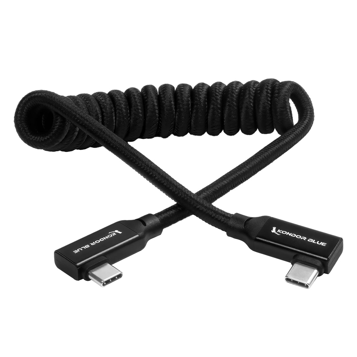 Kondor Blue USB C 3.1 Right Angle Braided Cable for 8K Data and Power Delivery (Kondor Blue)(Coiled)(12"-24")