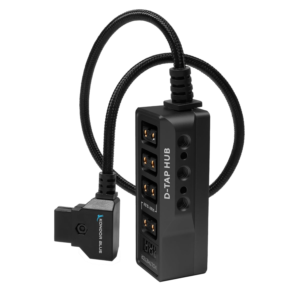 Kondor Blue 12V Metal D-Tap Hub Voltmeter 4 Way Port Power Tap Splitter (1/4"-20 Threads) (Raven Black)