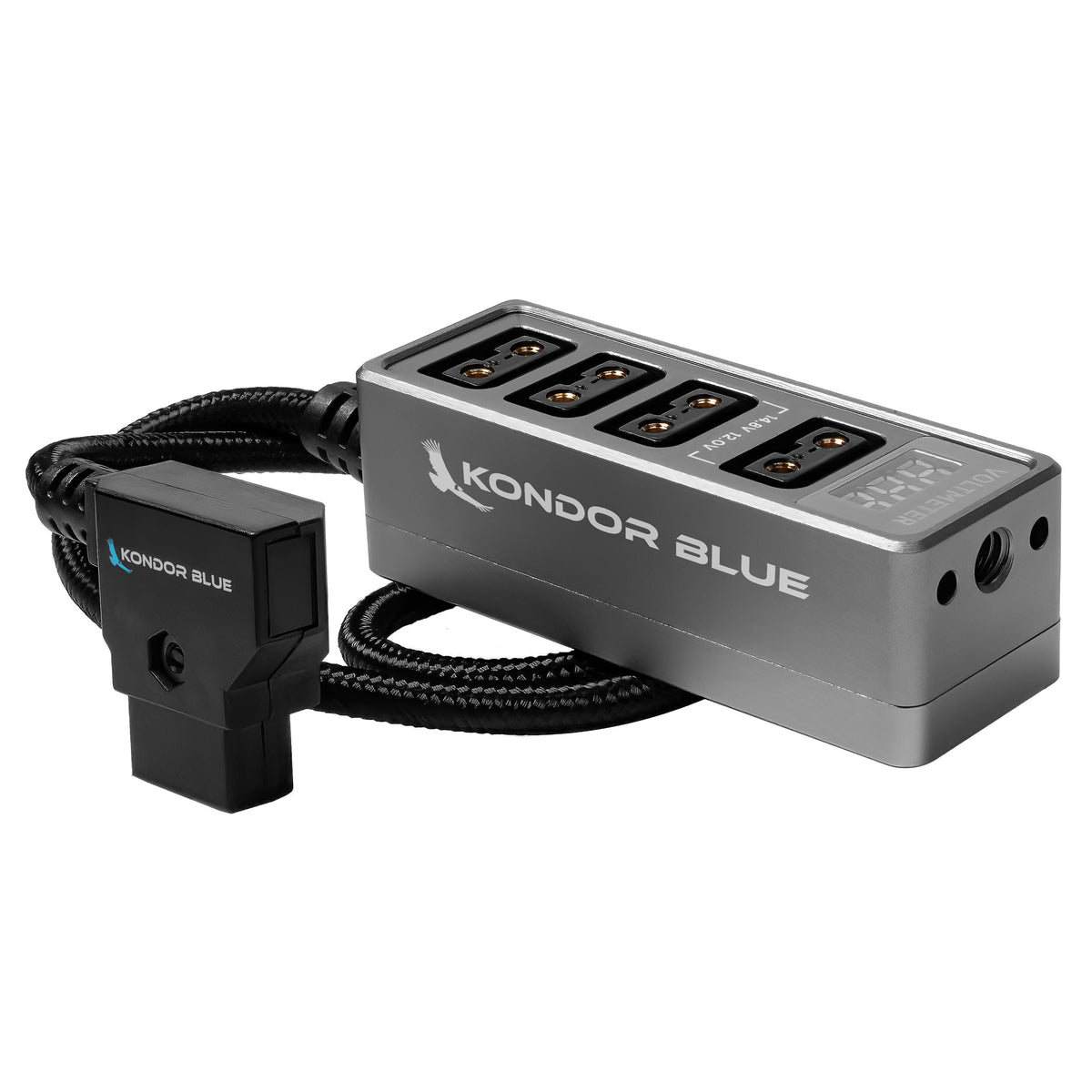Kondor Blue 12V Metal D-Tap Hub Voltmeter 4 Way Port Power Tap Splitter (1/4"-20 Threads)