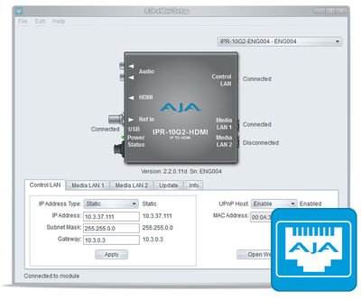 AJA IPR-10G2-HDMI Single Channel SMPTE ST 2110 Video and Audio IP Decoder to HDMI 1.4b (HD) with Hitless Switching
