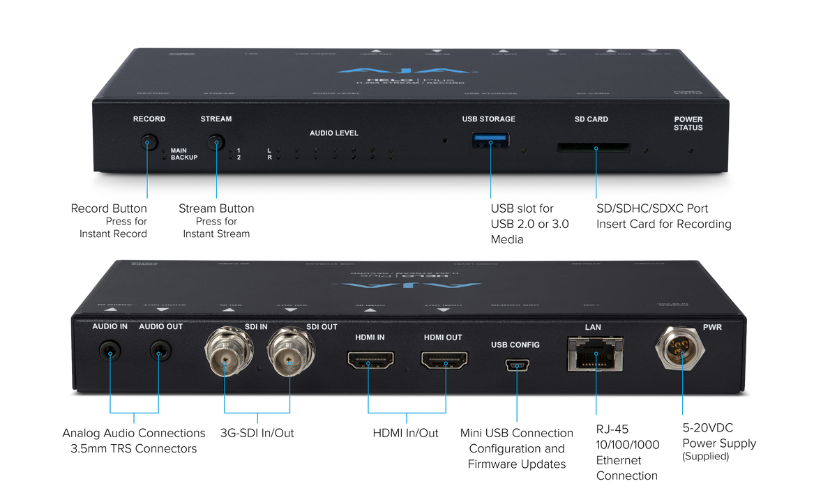 AJA HELO Plus H.264/MPEG-4 HD/SD Recorder and Streaming Appliance with 3G-SDI and HDMI Inputs/ Outputs