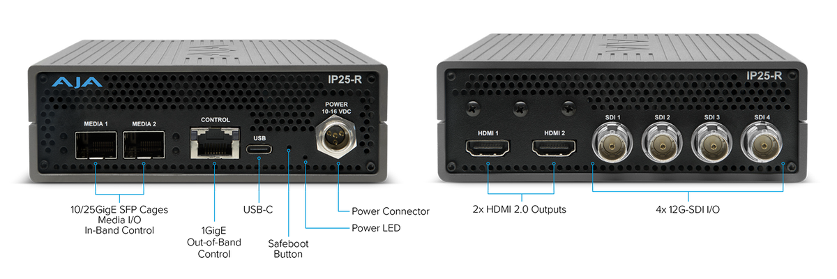 AJA IP25-R 25 GigE IP to 2x HDMI 2.0 and 4x 12G-SDI Converter
