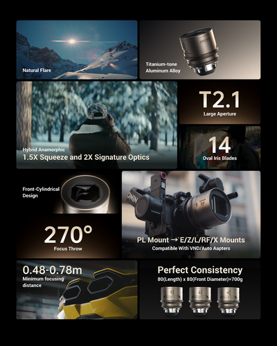 DZOFilm Arcana 32/45/75mm T2.1 Full-Frame 1.5X Hybrid Anamorphic Prime 3-Lens Set (PL Mount, Feet)