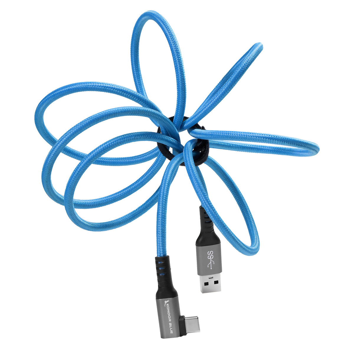 Kondor Blue USB A TO USB C RIGHT ANGLE HIGH SPEED DATA AND POWER CABLE 3A 60W 5G (10ft) (Raven Black)
