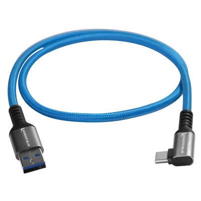 Kondor Blue USB A TO USB C RIGHT ANGLE HIGH SPEED DATA AND POWER CABLE 3A 60W 5G (10ft) (Raven Black)