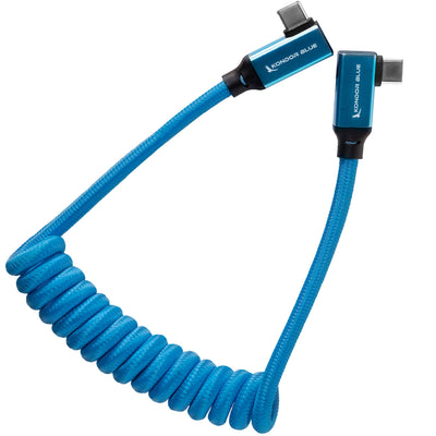 Kondor Blue USB C 3.1 Right Angle Braided Cable for 8K Data and Power Delivery (Raven Black)(Coiled)(12"-24")