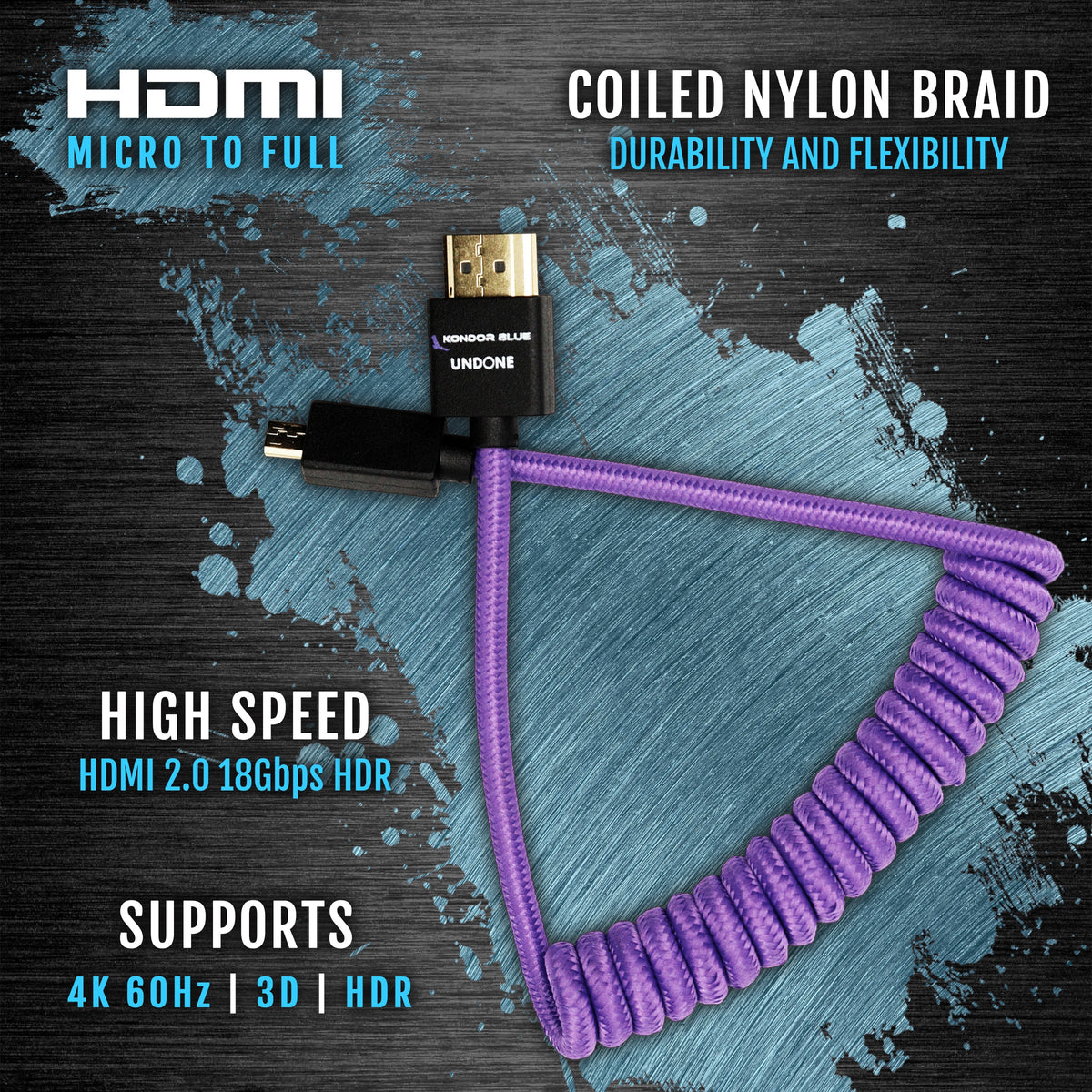 Kondor Blue Gerald Undone MK2 Micro HDMI to Full HDMI Cable 12"-24" Coiled (Purple)