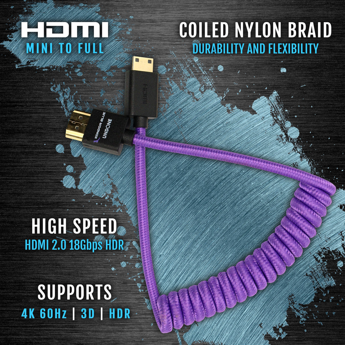 Kondor Blue Gerald Undone MK2 Mini HDMI to Full HDMI Cable 12"-24" Coiled (Purple)