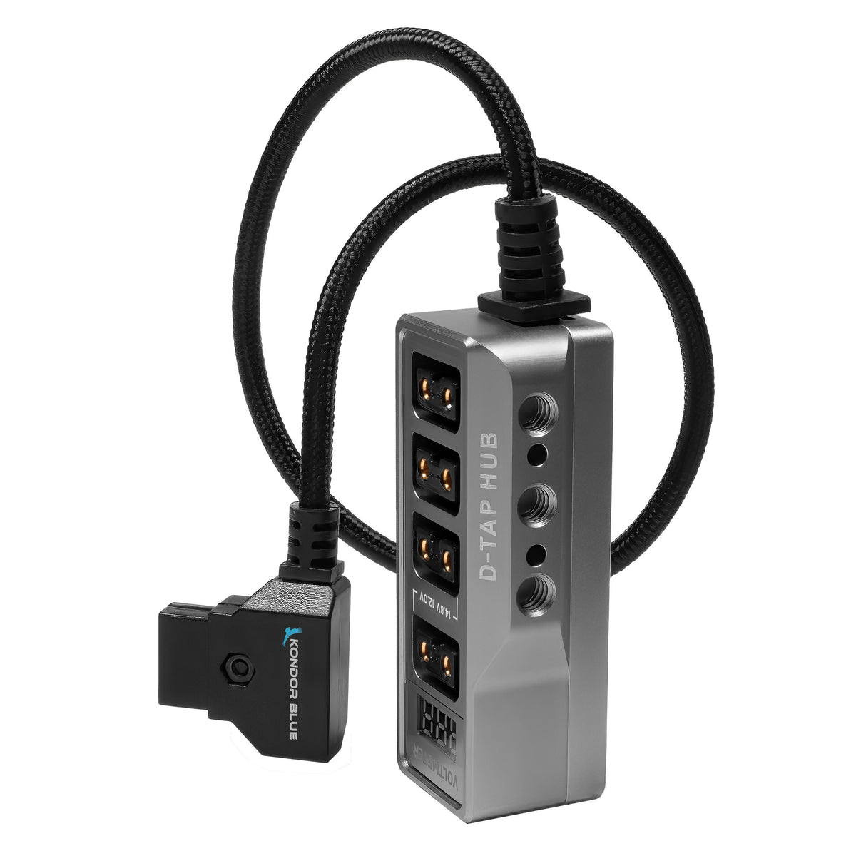 Kondor Blue 12V Metal D-Tap Hub Voltmeter 4 Way Port Power Tap Splitter (1/4"-20 Threads) (Raven Black)