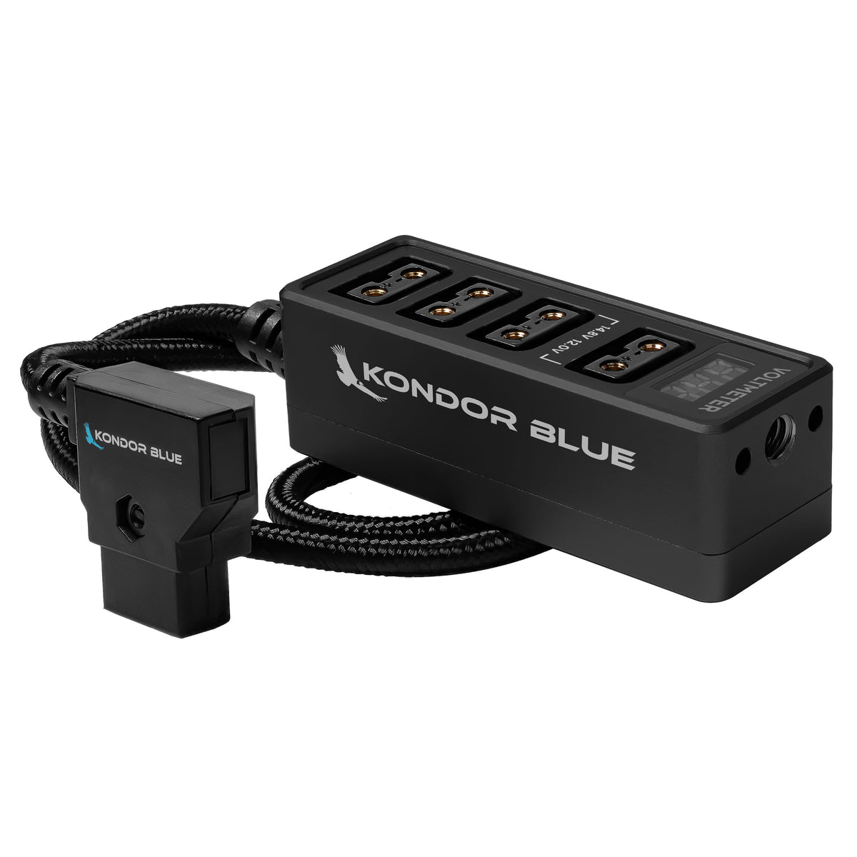 Kondor Blue 12V Metal D-Tap Hub Voltmeter 4 Way Port Power Tap Splitter (1/4"-20 Threads)