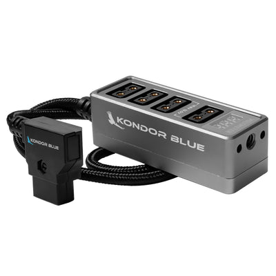 Kondor Blue 12V Metal D-Tap Hub Voltmeter 4 Way Port Power Tap Splitter (1/4"-20 Threads) (Raven Black)